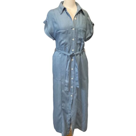 New Zara soft denim Shirt Midi Maxi belted Dress size Medium linen blend - Picture 2 of 13